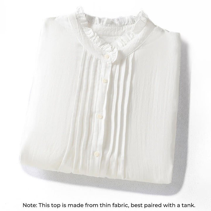 Camisa de algodón de manga larga para mujer con cuello de volantes y estampado de Buddha Stones en color blanco - image 2