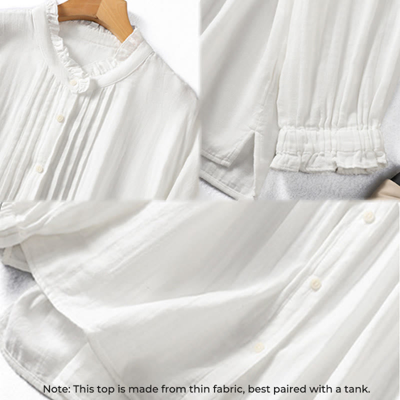 Camisa de algodón de manga larga para mujer con cuello de volantes y estampado de Buddha Stones en color blanco - image 9