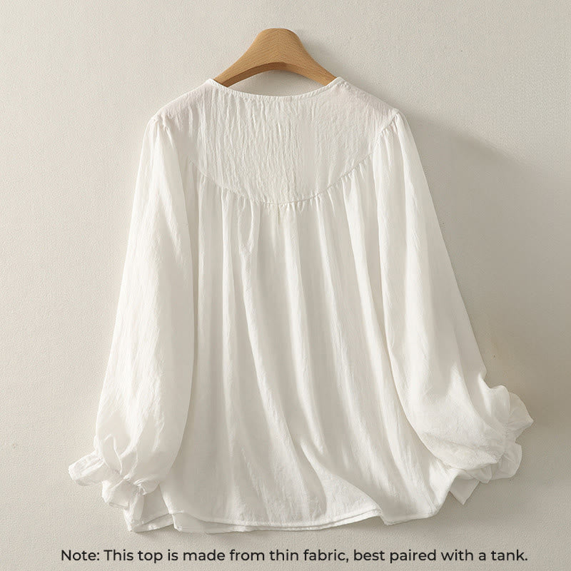 Camisa de algodón de manga larga con volantes y botones blancos con Buddha Stones para mujer - image 1
