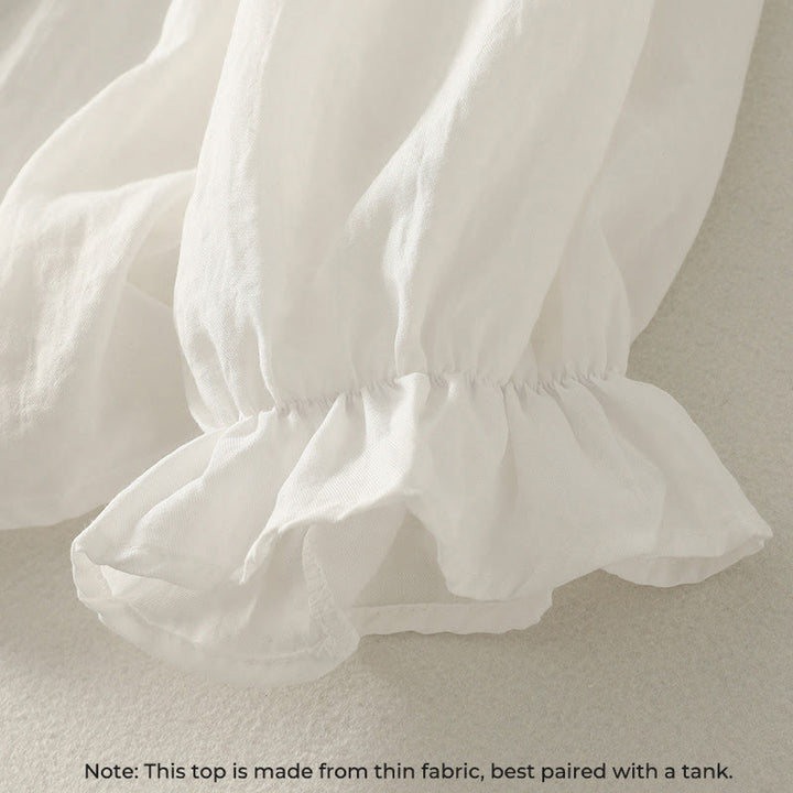 Camisa de algodón de manga larga con volantes y botones blancos con Buddha Stones para mujer - image 5