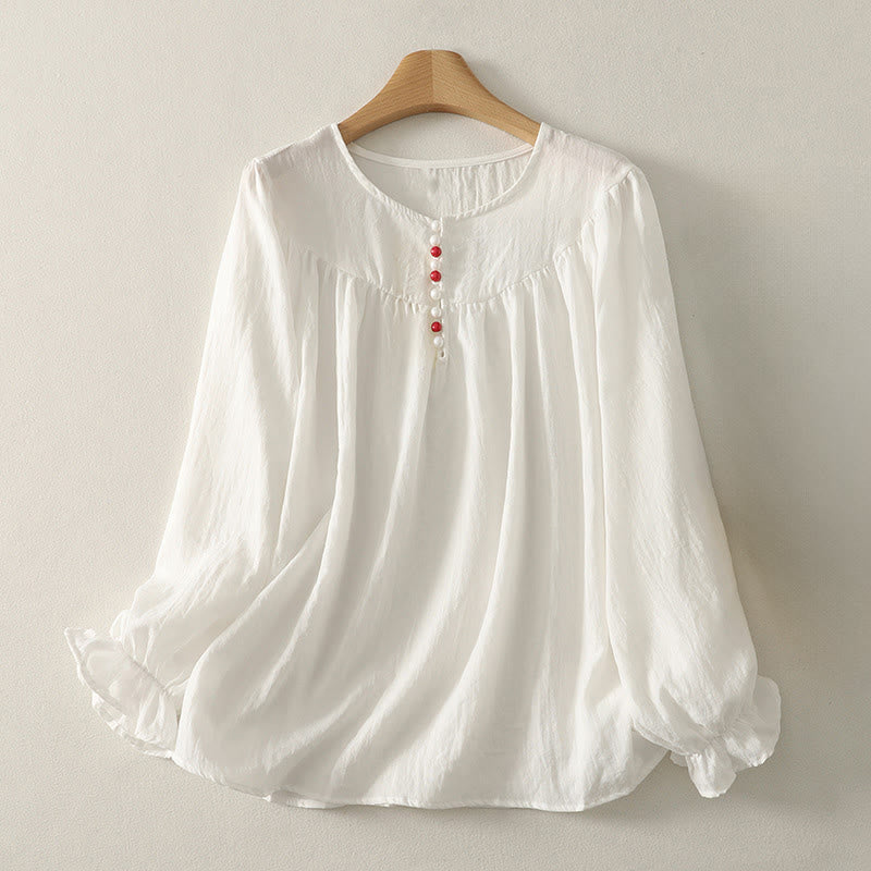 Camisa de algodón de manga larga con volantes y botones blancos con Buddha Stones para mujer - Blanco - US8-10，UK/AU12-14，EU40-42 (2XL) - image 0