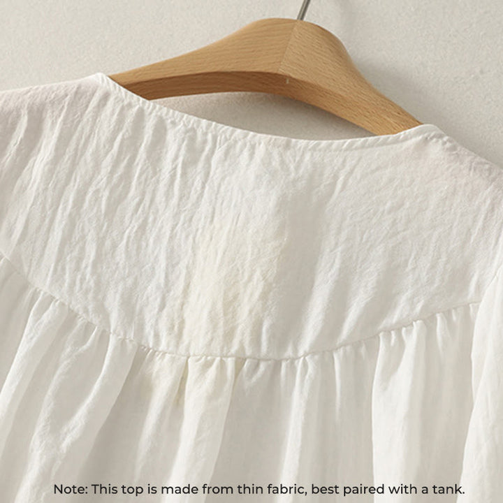 Camisa de algodón de manga larga con volantes y botones blancos con Buddha Stones para mujer - image 3