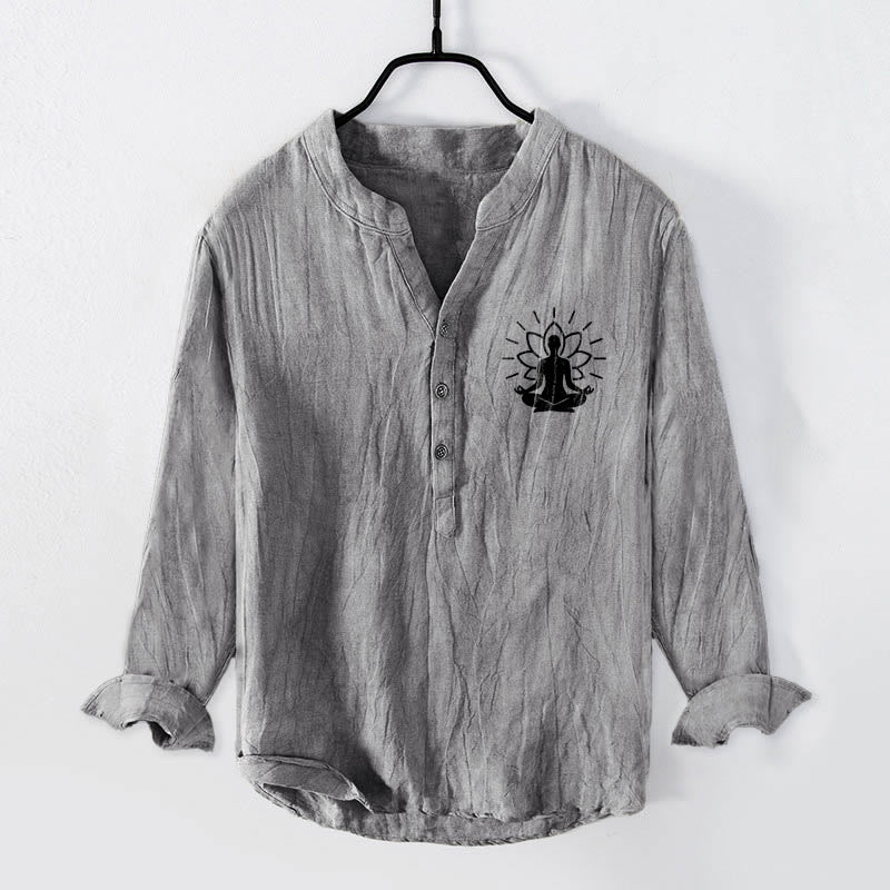 Camisa de manga larga para hombre, de algodón y lino, con botones a la mitad, estampado de Buddha Stones y loto. - Gris - US/UK/AU50, EU60 (5XL) - image 0