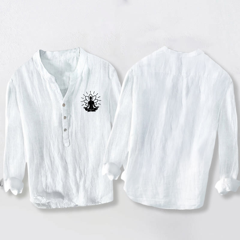 Camisa de manga larga para hombre, de algodón y lino, con botones a la mitad, estampado de Buddha Stones y loto. - image 8