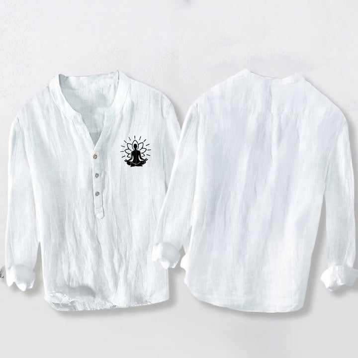 Camisa de manga larga para hombre, de algodón y lino, con botones a la mitad, estampado de Buddha Stones y loto. - image 8