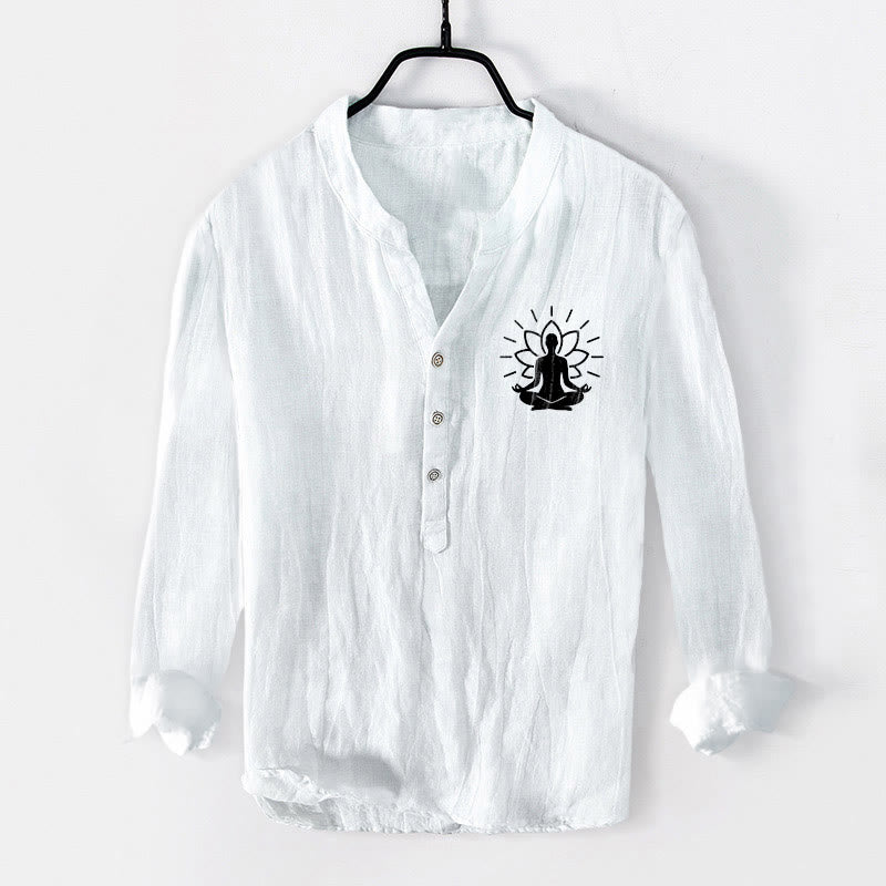 Camisa de manga larga para hombre, de algodón y lino, con botones a la mitad, estampado de Buddha Stones y loto. - Blanco - US/UK/AU50, EU60 (5XL) - image 6