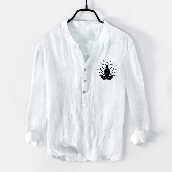 Camisa de manga larga para hombre, de algodón y lino, con botones a la mitad, estampado de Buddha Stones y loto. - Blanco - US/UK/AU50, EU60 (5XL) - image 6