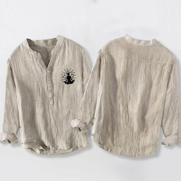 Camisa de manga larga para hombre, de algodón y lino, con botones a la mitad, estampado de Buddha Stones y loto. - image 5