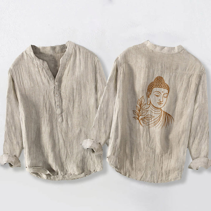 Camisa de manga larga para hombre, de algodón y lino, con estampado de Buddha Stones y medio botón. - Lino - US/UK/AU50, EU60 (5XL) - image 6