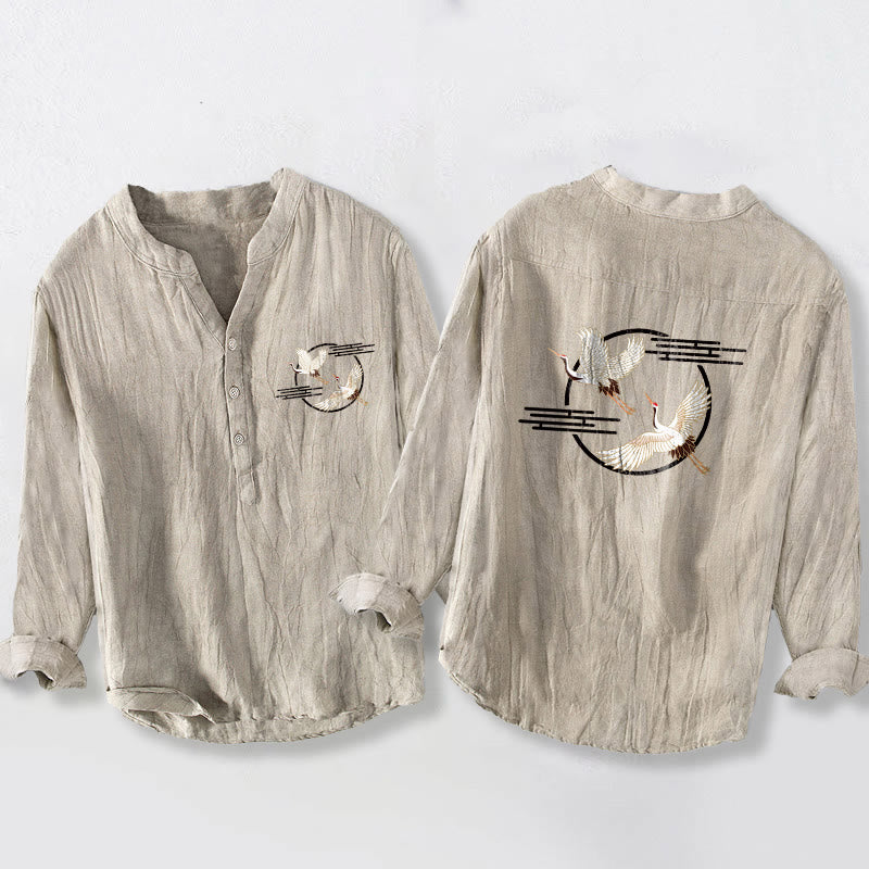 Camisa de manga larga para hombre de algodón y lino con estampado de grulla blanca en vuelo y botones a la mitad. - Lino - US/UK/AU50, EU60 (5XL) - image 6