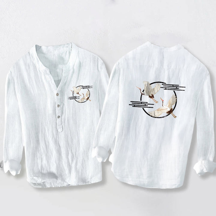 Camisa de manga larga para hombre de algodón y lino con estampado de grulla blanca en vuelo y botones a la mitad. - Blanco - US/UK/AU50, EU60 (5XL) - image 3