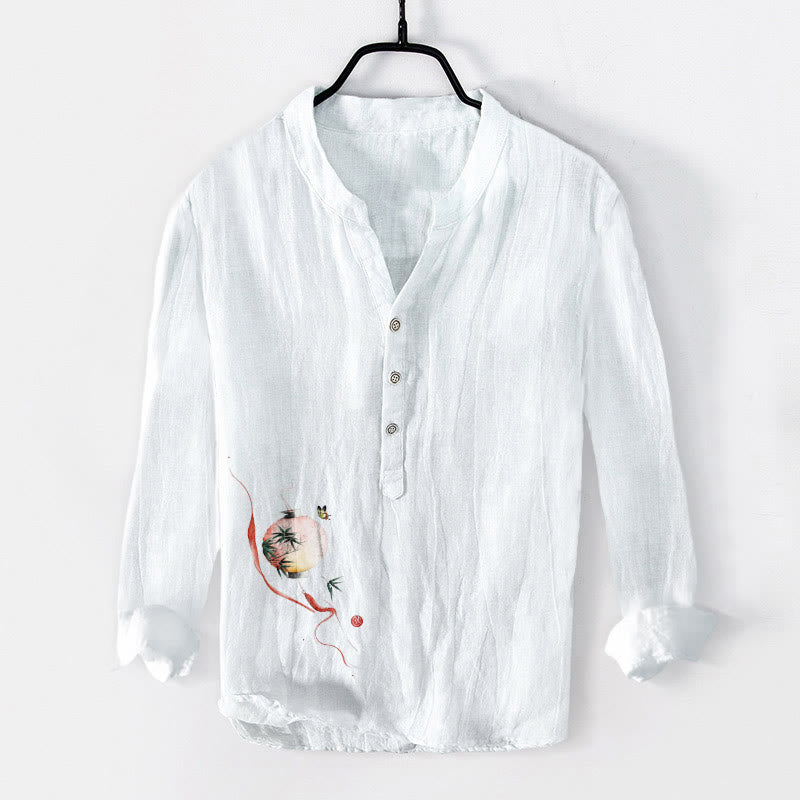 Camisa de manga larga para hombre, de algodón y lino, con estampado de mariposas, bambú y farolillos, con medio botón y diseño de Buddha Stones. - Blanco - US/UK/AU50, EU60 (5XL) - image 3