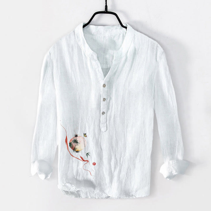 Camisa de manga larga para hombre, de algodón y lino, con estampado de mariposas, bambú y farolillos, con medio botón y diseño de Buddha Stones. - Blanco - US/UK/AU50, EU60 (5XL) - image 3