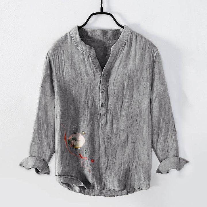 Camisa de manga larga para hombre, de algodón y lino, con estampado de mariposas, bambú y farolillos, con medio botón y diseño de Buddha Stones. - Gris - US/UK/AU50, EU60 (5XL) - image 6