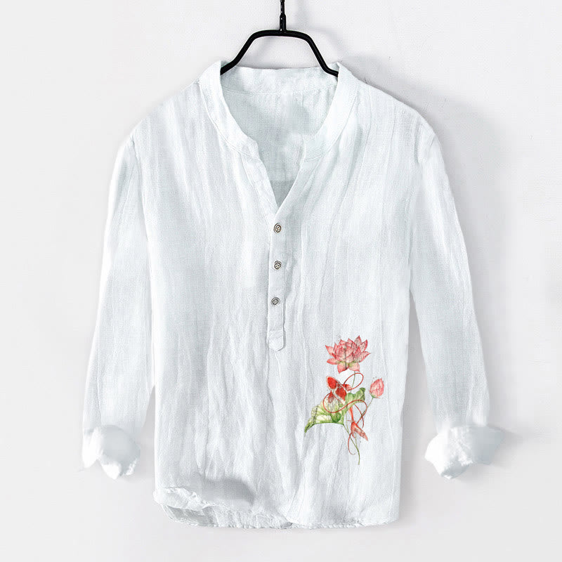 Camisa de manga larga para hombre, de algodón y lino, con estampado de Buddha Stones , peces koi nadando y loto, con botones a la mitad. - Blanco - US/UK/AU50, EU60 (5XL) - image 0