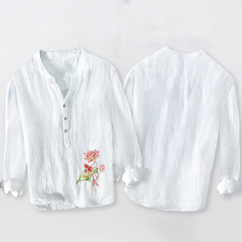 Camisa de manga larga para hombre, de algodón y lino, con estampado de Buddha Stones , peces koi nadando y loto, con botones a la mitad. - image 2