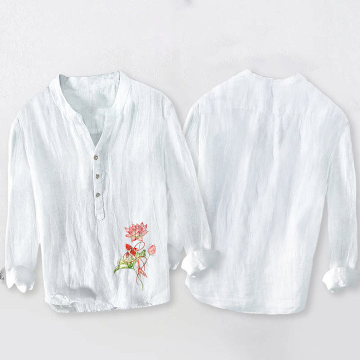 Camisa de manga larga para hombre, de algodón y lino, con estampado de Buddha Stones , peces koi nadando y loto, con botones a la mitad. - image 2