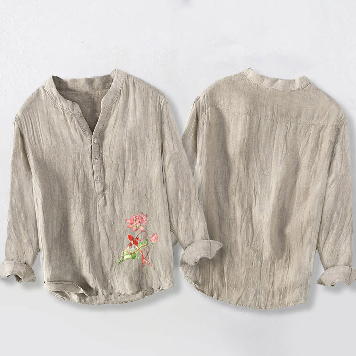 Camisa de manga larga para hombre, de algodón y lino, con estampado de Buddha Stones , peces koi nadando y loto, con botones a la mitad. - image 5