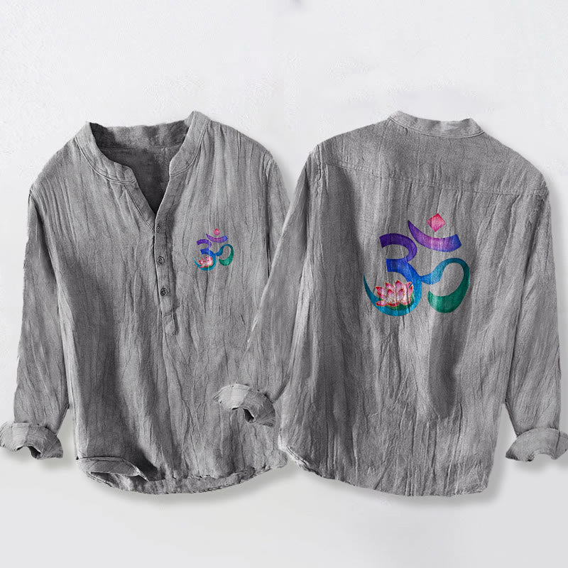 Camisa de manga larga para hombre, de algodón y lino, con estampado de Buddha Stones, loto y símbolo OM, y botones a la mitad. - Gris - US/UK/AU50, EU60 (5XL) - image 0