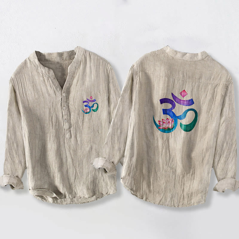 Camisa de manga larga para hombre, de algodón y lino, con estampado de Buddha Stones, loto y símbolo OM, y botones a la mitad. - Lino - US/UK/AU50, EU60 (5XL) - image 3