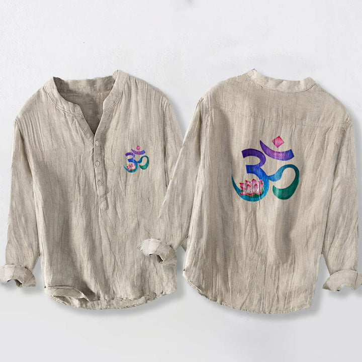 Camisa de manga larga para hombre, de algodón y lino, con estampado de Buddha Stones, loto y símbolo OM, y botones a la mitad. - Lino - US/UK/AU50, EU60 (5XL) - image 3