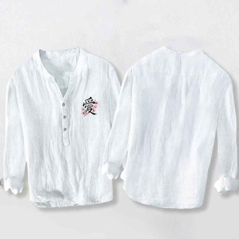 Camisa de manga larga para hombre, de algodón y lino, con estampado de flores de durazno y Buddha Stones. Diseño con medio botón. - image 8