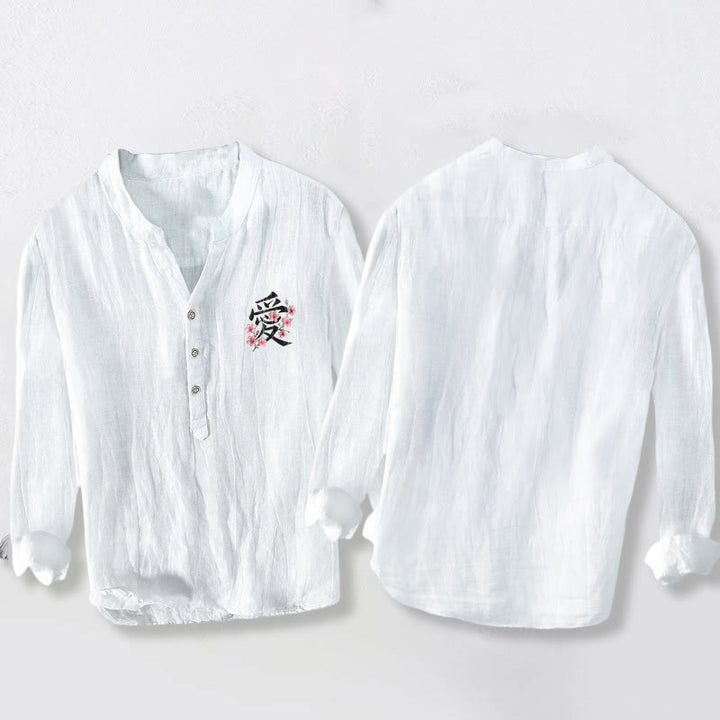 Camisa de manga larga para hombre, de algodón y lino, con estampado de flores de durazno y Buddha Stones. Diseño con medio botón. - image 8