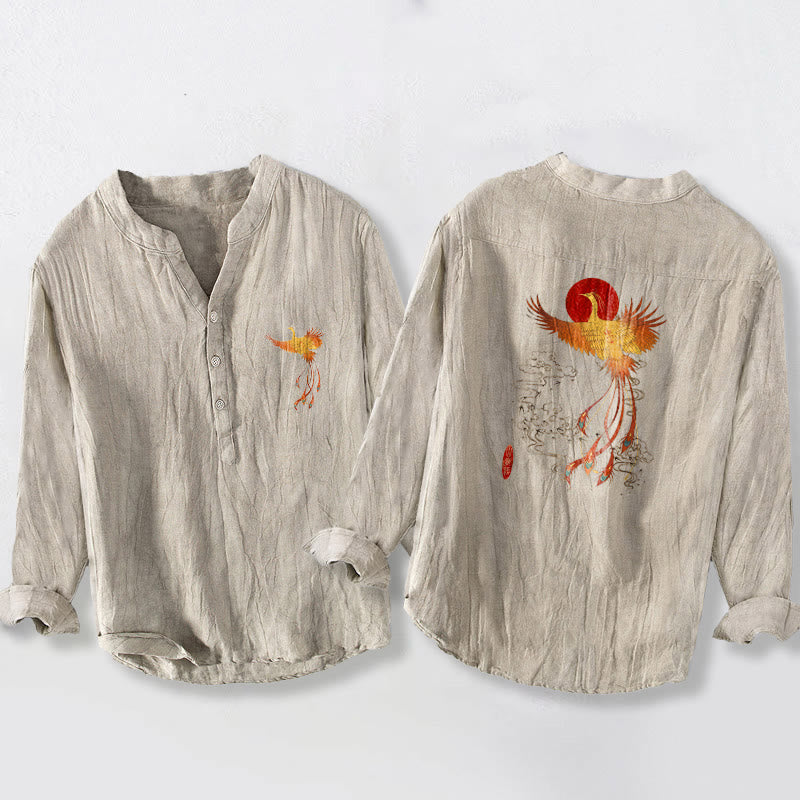 Camisa de manga larga para hombre, de algodón y lino, con estampado de Buddha Stones, nubes de fénix y sol rojo, y botones a la mitad. - image 2