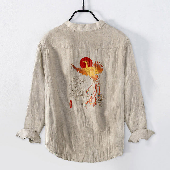 Camisa de manga larga para hombre, de algodón y lino, con estampado de Buddha Stones, nubes de fénix y sol rojo, y botones a la mitad. - image 1