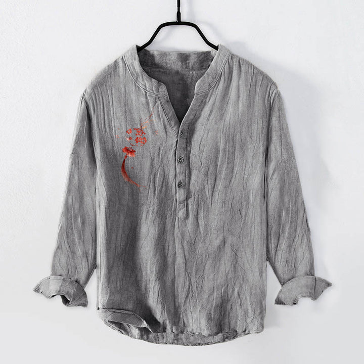 Camisa de manga larga para hombre, de algodón y lino, con estampado de farolillos rojos y flores de Buda, medio botón y diseño de Buddha Stones. - Gris - US/UK/AU50, EU60 (5XL) - image 6