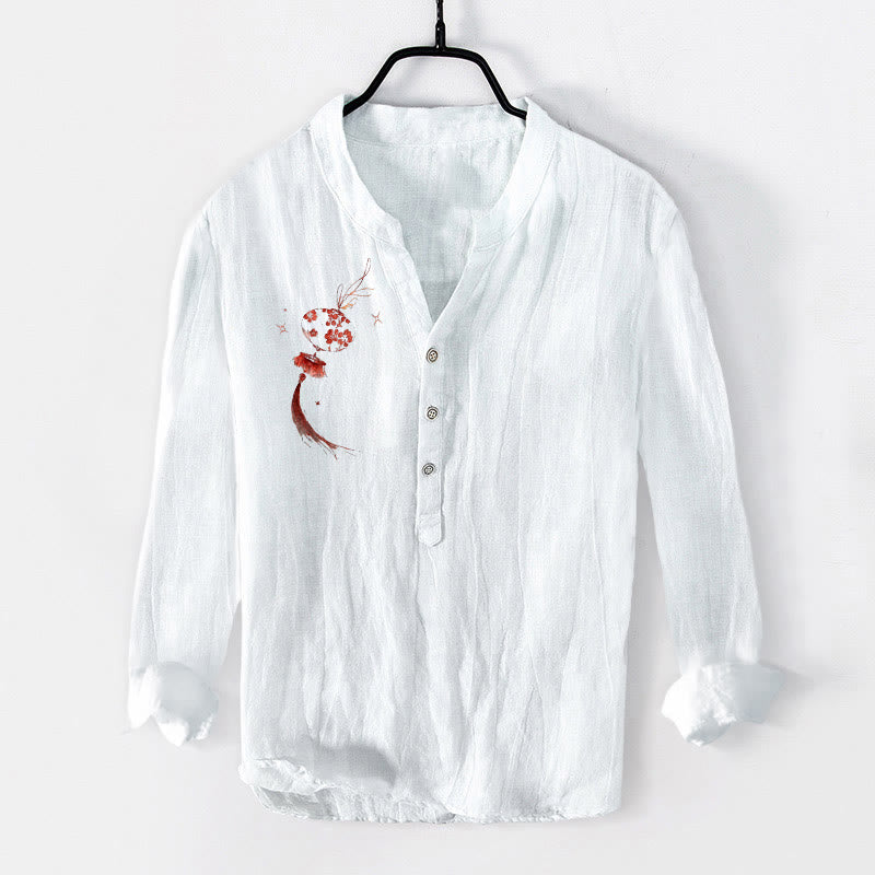 Camisa de manga larga para hombre, de algodón y lino, con estampado de farolillos rojos y flores de Buda, medio botón y diseño de Buddha Stones. - Blanco - US/UK/AU50, EU60 (5XL) - image 0