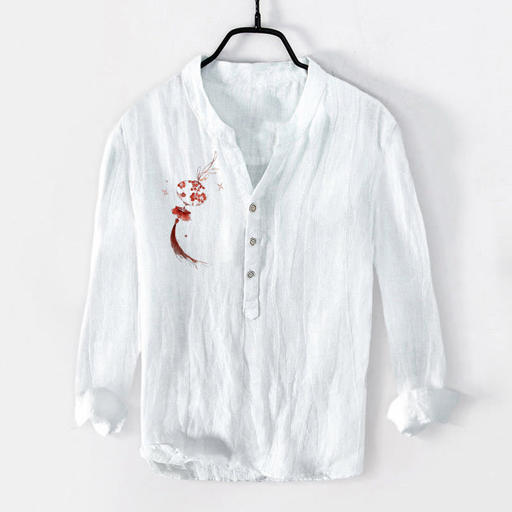 Camisa de manga larga para hombre, de algodón y lino, con estampado de farolillos rojos y flores de Buda, medio botón y diseño de Buddha Stones. - Blanco - US/UK/AU50, EU60 (5XL) - image 0