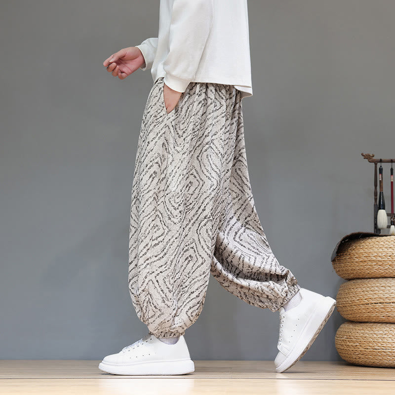 Pantalones tipo harem para hombre con bolsillos, diseño con cordón ajustable y textura de Buddha Stones en pana de algodón y lino. - image 1