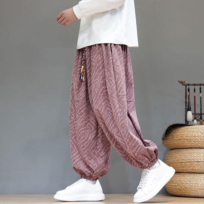 Pantalones tipo harem para hombre con bolsillos, diseño con cordón ajustable y textura de Buddha Stones en pana de algodón y lino. - image 23