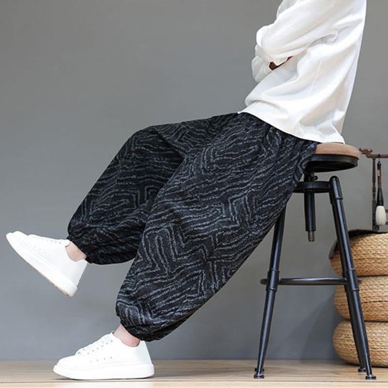 Pantalones tipo harem para hombre con bolsillos, diseño con cordón ajustable y textura de Buddha Stones en pana de algodón y lino. - image 18