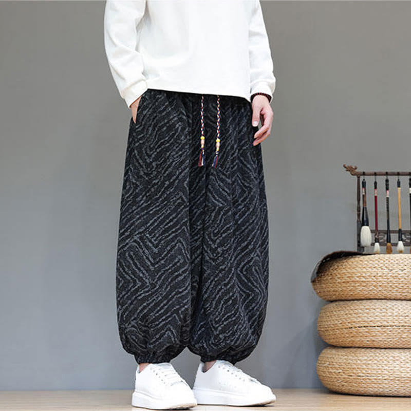 Pantalones tipo harem para hombre con bolsillos, diseño con cordón ajustable y textura de Buddha Stones en pana de algodón y lino. - image 12