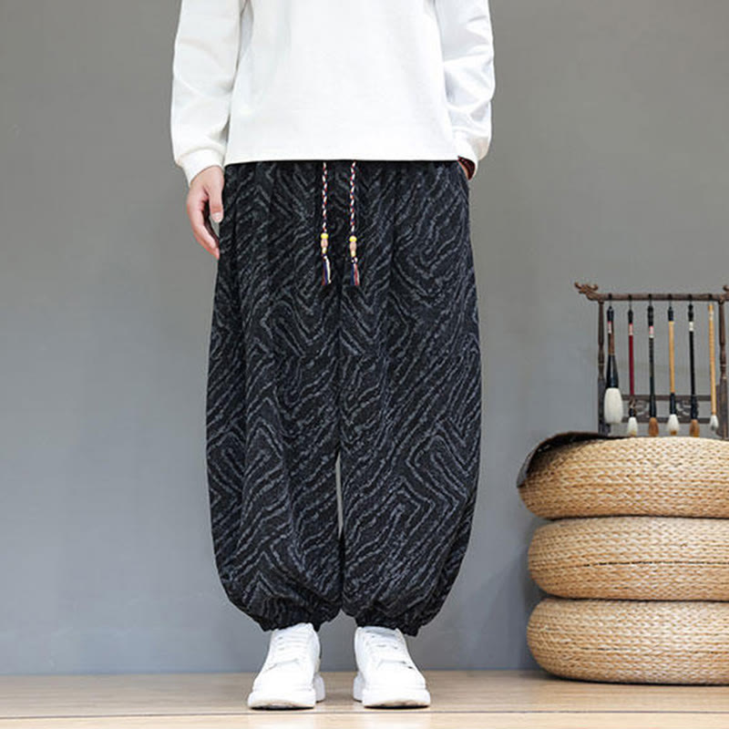 Pantalones tipo harem para hombre con bolsillos, diseño con cordón ajustable y textura de Buddha Stones en pana de algodón y lino. - image 11