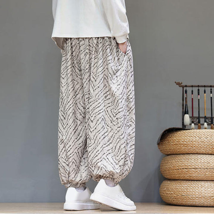 Pantalones tipo harem para hombre con bolsillos, diseño con cordón ajustable y textura de Buddha Stones en pana de algodón y lino. - image 4