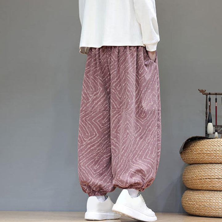 Pantalones tipo harem para hombre con bolsillos, diseño con cordón ajustable y textura de Buddha Stones en pana de algodón y lino. - image 25