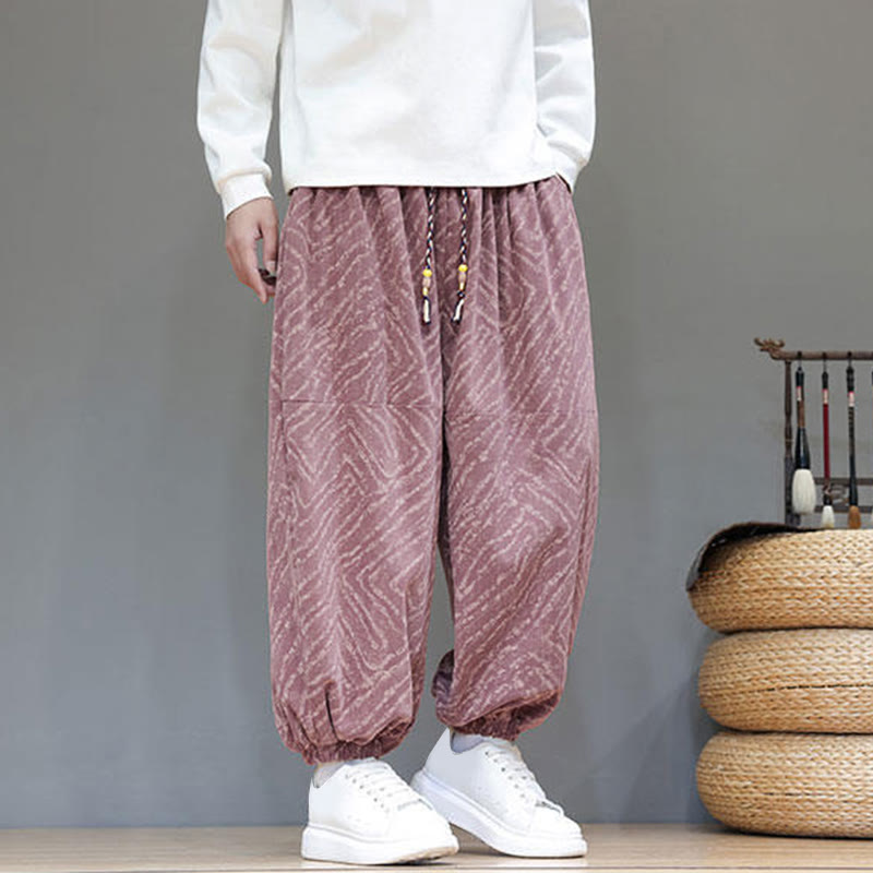 Pantalones tipo harem para hombre con bolsillos, diseño con cordón ajustable y textura de Buddha Stones en pana de algodón y lino. - image 22