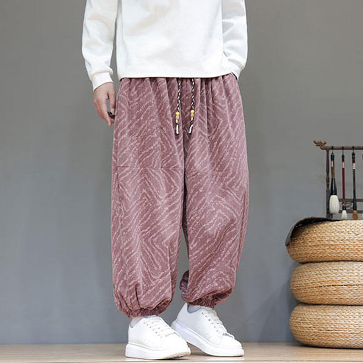 Pantalones tipo harem para hombre con bolsillos, diseño con cordón ajustable y textura de Buddha Stones en pana de algodón y lino. - image 22