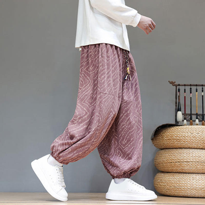Pantalones tipo harem para hombre con bolsillos, diseño con cordón ajustable y textura de Buddha Stones en pana de algodón y lino. - image 29
