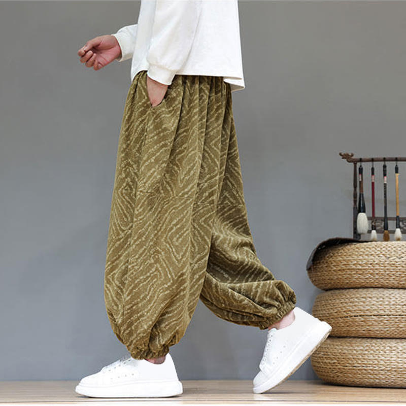 Pantalones tipo harem para hombre con bolsillos, diseño con cordón ajustable y textura de Buddha Stones en pana de algodón y lino. - image 37