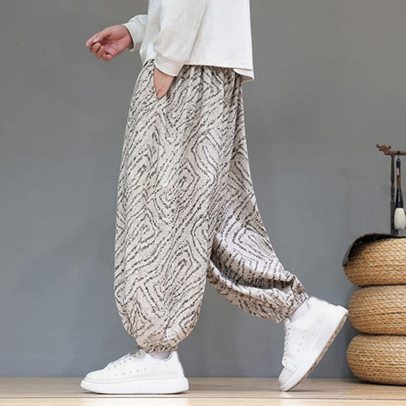 Pantalones tipo harem para hombre con bolsillos, diseño con cordón ajustable y textura de Buddha Stones en pana de algodón y lino. - image 8