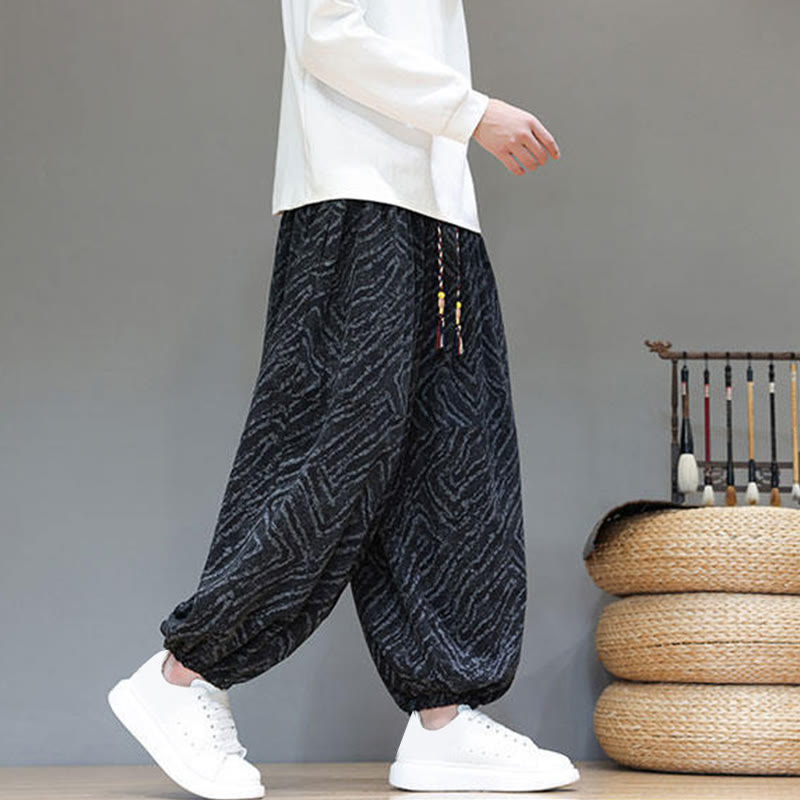 Pantalones tipo harem para hombre con bolsillos, diseño con cordón ajustable y textura de Buddha Stones en pana de algodón y lino. - image 13