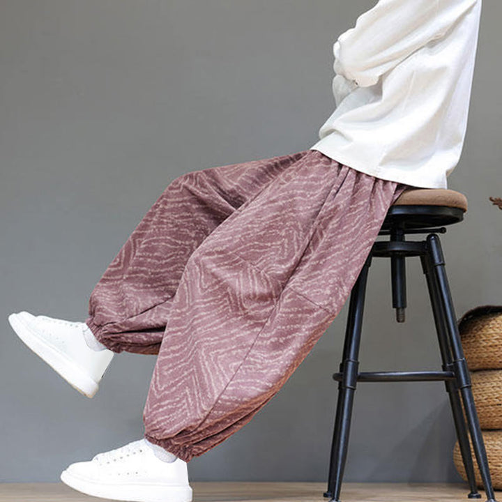 Pantalones tipo harem para hombre con bolsillos, diseño con cordón ajustable y textura de Buddha Stones en pana de algodón y lino. - image 28