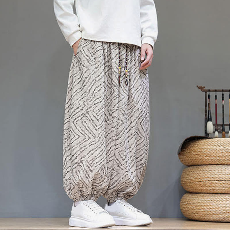 Pantalones tipo harem para hombre con bolsillos, diseño con cordón ajustable y textura de Buddha Stones en pana de algodón y lino. - image 5