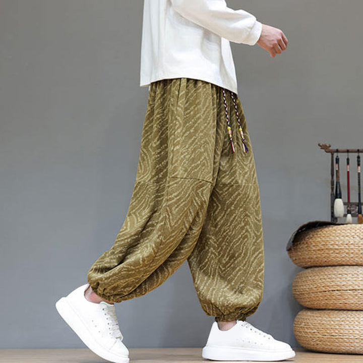 Pantalones tipo harem para hombre con bolsillos, diseño con cordón ajustable y textura de Buddha Stones en pana de algodón y lino. - image 38