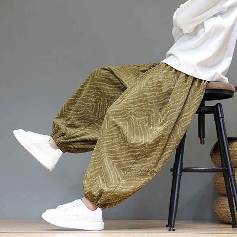 Pantalones tipo harem para hombre con bolsillos, diseño con cordón ajustable y textura de Buddha Stones en pana de algodón y lino. - image 39