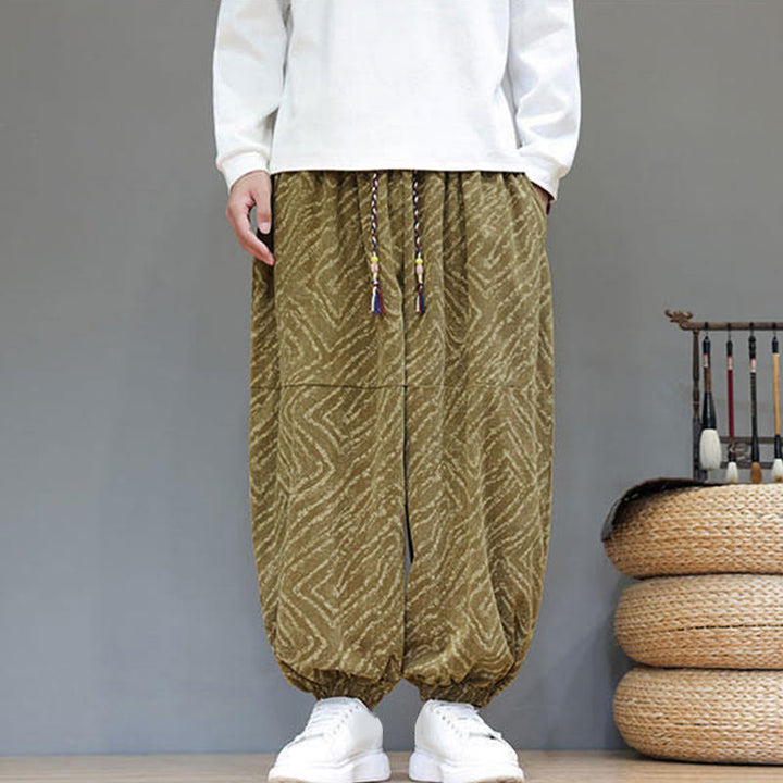 Pantalones tipo harem para hombre con bolsillos, diseño con cordón ajustable y textura de Buddha Stones en pana de algodón y lino. - image 35